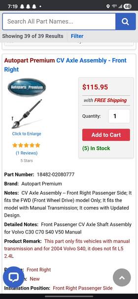 Autopart Premium Apcva2300 C30 S40 V50 Front Passenger Side Cv Axle Shaft