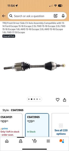 Csa72965 Trq Front Left Cv Axle Shaft Assembly Driver Side Fits 2013-2019 Ford Escape